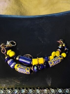 African Tribal Hand Crafted Yellow and Blue Artisan Beaded Bracelet